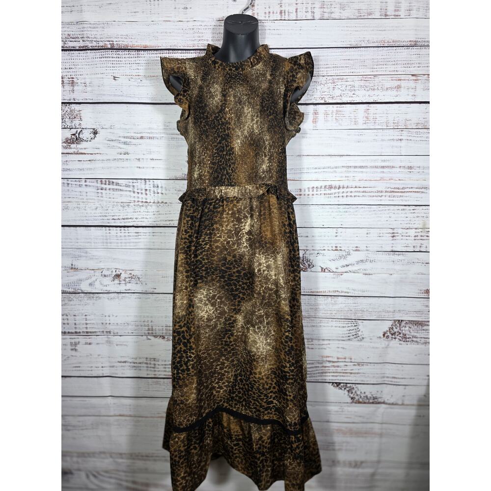 Moodie Zebra Print Metallic Gold Black Tiered Midi Dress Ruffle Size Small
